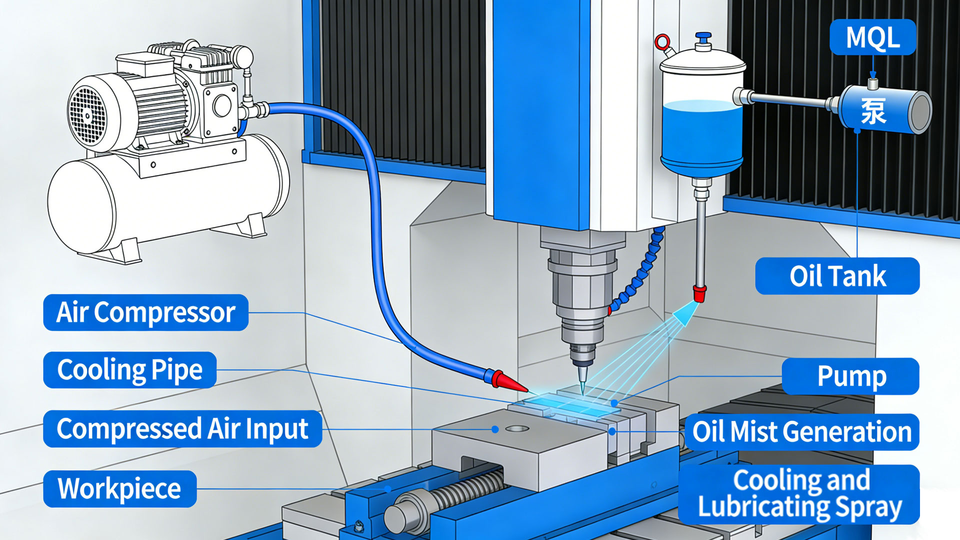 Schematic of Air Cooling and Minimum Quantity Lubrication (MQL) Systems