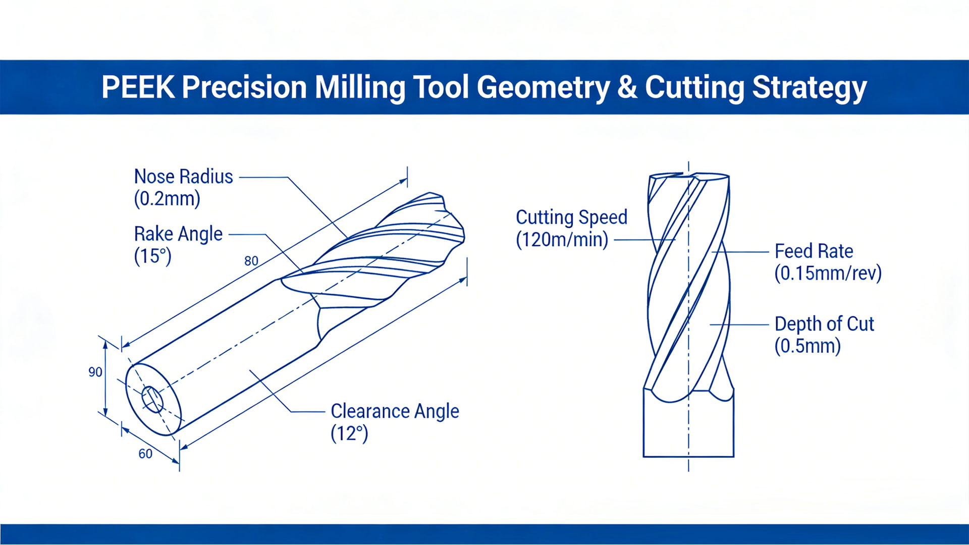 Schematic diagram of tool geometry parameters and cutting strategy suitable for precision milling of PEEK